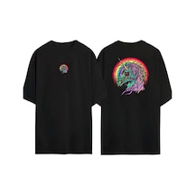 Thewert Unisex Deniz Mavisi Ve Mor Unicorn Ön Arka Baskılı Sıyah Oversize T-shirt Siyah