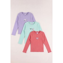 Monox 5-12 Yaş Kız Çocuk Fitilli Nakışlı 3 Lü Sweatshirt Takım Lila Mint Nar