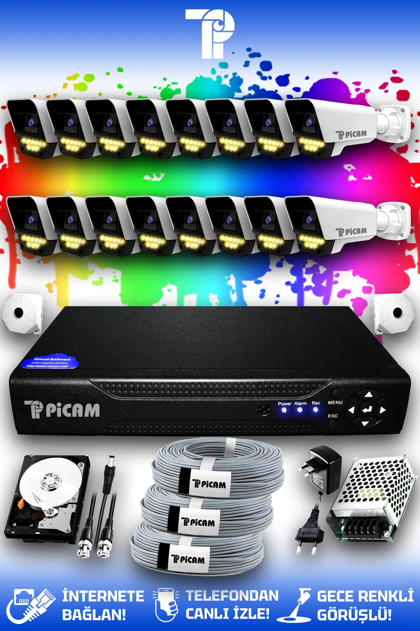 Picam 16 Kameralı Süper 16 Dış Kamera Set 2 TB 5 MP 2K Net Renkli Gece Görüşlü Güvenlik Kamerası Sistemi