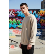 Benerly Erkek Bisiklet Yaka Reglan Kol Oversize Kalıp Sweatshirt Fonksiyo Bej
