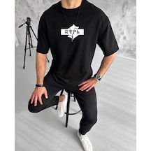 Yake Store Unisex Bisiklet Yaka Baskılı Double Oversize T-shirt - Siyah - Siyah