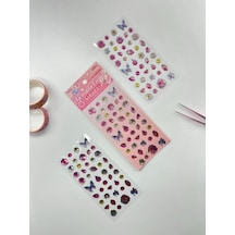 Holografik Çiçek Ve Kelebek Pembe Paket Tek Yaprak 42 Adet Taş Sticker Seti/etiket/çıkartma 1