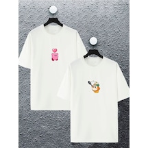 Unisex Kadın Erkek Kirby Ve Waddle De Baskılı Sevgili Çift Kombini Tasarım Oversize T-shirt 2'li Beyaz Mck2429 Beyaz