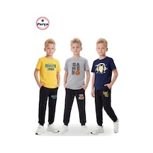 Fyk Kids 3'lü Yuvarlak Yaka Baskı Detaylı Erkek Detaylı 6 Parça Erkek Çocuk Alt Üst Takım Sarı - Lacivert
