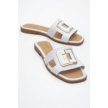 Luvishoes Millie Beyaz Hakiki Deri Tokalı Kadın Terlik Beyaz