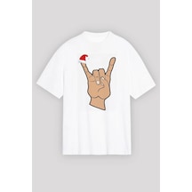 Yılbaşı Noel Başlıklı Serçe Parmak Baskılı Oversize Bisiklet Yaka T-shirt - Beyaz