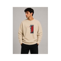 Herkesemoda Level Up Desen Baskılı Bisiklet Yaka Şardonlu 2 İplik Sweatshirt Bej