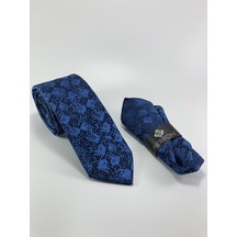 Pierroni Lacivert Saks Desen Mendilli Kravat (462037743) Lacivert - Saks