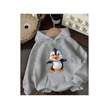 Herkesemoda Sevimli Penguen Baskı Detaylı Kapüşonlu Sweatshırt Gri Gri