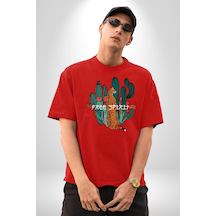 Kaktüs Çita Pamuklu Bisiklet Yaka Unisex Oversize Boyfriend Dijital Baskılı Kırmızı T-shirt Kırmızı