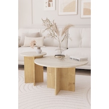 2 Li Orta Sehpa Seti, İskandinav Stil, Bohem, 72 Cm, 40 Cm - Traverten & Safir Meşe