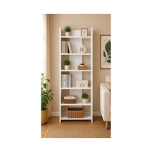 5 Raflı Modern Beyaz Kitaplık Çok Amaçlı Dekoratif Raf Ünitesi 160x64x29,5 Cm Beyaz Beyaz