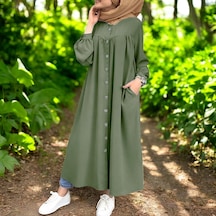 Gömlek Yaka Yazlık Keten Elbise Haki