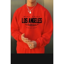 Benroma 3 İplik Penye Los Angeles Baskılı Unisex Sweatshırt Kırmızı