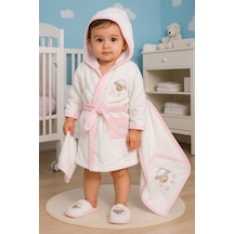 Sevimli Kuzu Nakışlı Bornoz Seti %100 Pamuktan. 4 Parça 0-3 Yaş Beyaz - Pembe