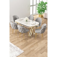 Canisa Zae Serisi 90x168 Lak Panel Beyaz Mermer Desen Gold Ayak Masa Takımı 6 Gri Sandalye Masa Beyaz Mermer Desen Sandalye Gri