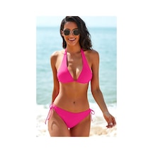 Kadın Fuşya Belden, Boyundan Bağlamalı Ve Ayarlanabilir Külotlu Üçgen Bikini Mayo Takımı
