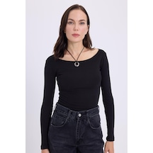 Tudors Kadın Slim Fit Dar Kesim Pamuklu Modal Kumaş Uzun Kollu Kayık Yaka Siyah Bluz-38880 Siyah