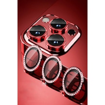 iPhone 14 Pro ile Uyumlu Taşlı Tasarım Temperli Cam Kamera Lens Koruyucu - Kırmızı
