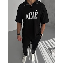 Barlashive Erkek Tişört Yakalı Yarım Fermuarlı Kısa Kol Baskılı T-shirt - Siyah Çok Renkli
