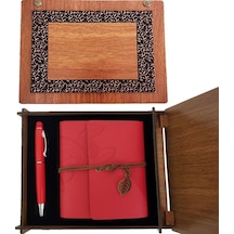 Ahşap Kutulu Kırmızı Deri Defter Ve Metal Kalem Set