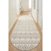 Raschel Carpet Oval Premium Yıkanabilir Leke Tutmaz Modern Yolluk Etnik Desen Bej Özel Seri Kaymaz Taban Halı Çok Renkli