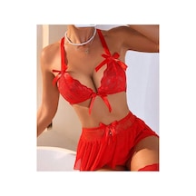 Mentra Online Özel Tasarım Kırmızı Dantelli Fiyonklu Şık Babydoll