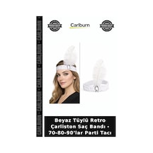 Beyaz Tüylü Retro Çarliston Saç Bandı - 70-80-90 Lar Parti Tacı Stil Tamamlayıcı Gece Aksesuarı +3