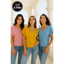 Kadın 3'lü Paket Pembe-mavi-hardal Viskon Ön Arka V Yakalı T-shirt Yarasa Kol Relaxed Bluz Çok Renkli
