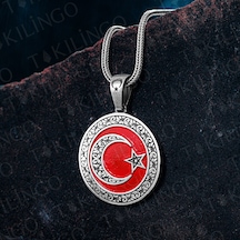925 Ayar Gümüş Granür İşlemeli Kırmızı Ayyıldız Model Erkek Kolye Gümüş