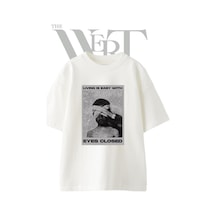 Thewert Blindfolded Eyes Closed Tasarım Baskılı Ünisex Beyaz Oversize T-shirt