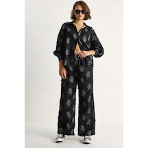 Shade Kadın Oversize Gömlek Beli Lastikli Pantolon Saçaklı Dokuma Alt-üst Takım 6024 60284107 - Siyah