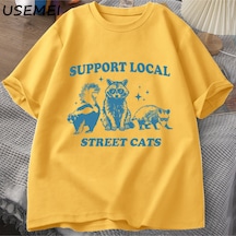 Flood Of Style Destek Yerel Sokak Kediler Retro T Shirt Komik Rakun T-shirt Streetwear Hayvan Kedi Sevgilisi Sarı