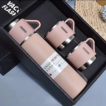 Termos Seti, Paslanmaz Çelik Termos 500ml, 2 Fincan İle, Seyahat Seti, Pembe