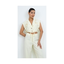 Dorne Moda Özel Seri Fermuar Ve Cep Detaylı Crop Yelek Bluz Ve Bol Paça Pantolon İkili Takım - Düğün - Mezuniyet - Ofis Şıklığı Sarı Sarı