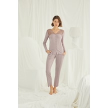 Monamise Kadın Yakası Kolu ve Omzu Dantelli Önü Boydan Düğmeli Pijama Takımı Vizon