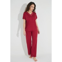 Monamise Kısa Kollu V Yakalı Dantelli Pijama Takımı 18495 Siyah