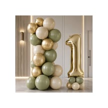 1 Yaş Gold Retro Doğum Günü Seti Küf Yeşili Kum Beji Gold Balonlar Gold Folyo Rakam Parti Süsleme Altın
