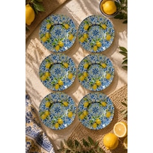 6 Lı Cam Çay Tabağı - Akdeniz Esintili Limon Ve Mavi Çini Desenli 12 Cm - 6 Adet Çay Tabak Sarı