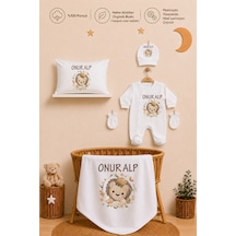 Pia Baby İsme Özel Erkek Bebek Tulum Seti %100 Pamuk Organik Baskılı Yastık Kılıfı Ve Battaniyeli Tulum 2087tyb0x Ekru
