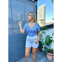 Mavi Yaprak Desenli Düğmeli Kadın Crop Bluz Mavi