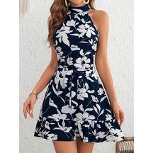 Efnaz Style Kadın Omuzlardan Açık Balıkçı Yakalı Kuşaklı Desenli Kısa Süprem Elbise Lacivert