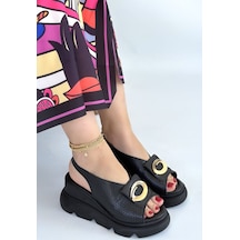 Gwon Siyah Cilt Dolgu Topuk Sandalet
