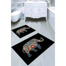 Siyah Fil Desenli Banyo Halısı Klozet 2'li Paspas Seti Bs039n11