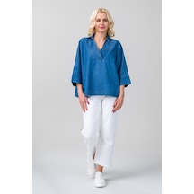 Kadın Gömlek Yakalı Yaka İndigo Mavi Kol Ucu Manşetli İnce Kot Kumaş Bluz İndigo