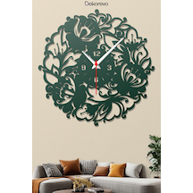 Çiçek Desenli Dekoratif Metal Duvar Saati - Yosun Yeşili - 30 X 30 Cm Yeşil