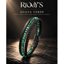 Riody's Agata Verde Erkek Bileklik Doğal Yeşil Akik Taşlı Siyah Deri Çelik Kilit Siyah - Yeşil