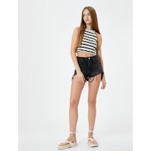 Koton Crop Halter Yaka Üst Kroşe Slim Fit Siyah Çizgili 4sal30018ık 4SAL30018IK9S9