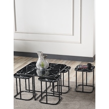 Pelikan 4+1 Siyah Mermer Temperli Cam Siyah Metal Ayak Takım Sehpa Sedaş Living Units Sehpa