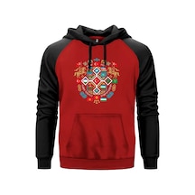 Kırmızı Renk Mozaik Mandala Türk Motifli Bozkurt Baskılı Renkli Reglan Kol Sweatshirt Kapşonlu